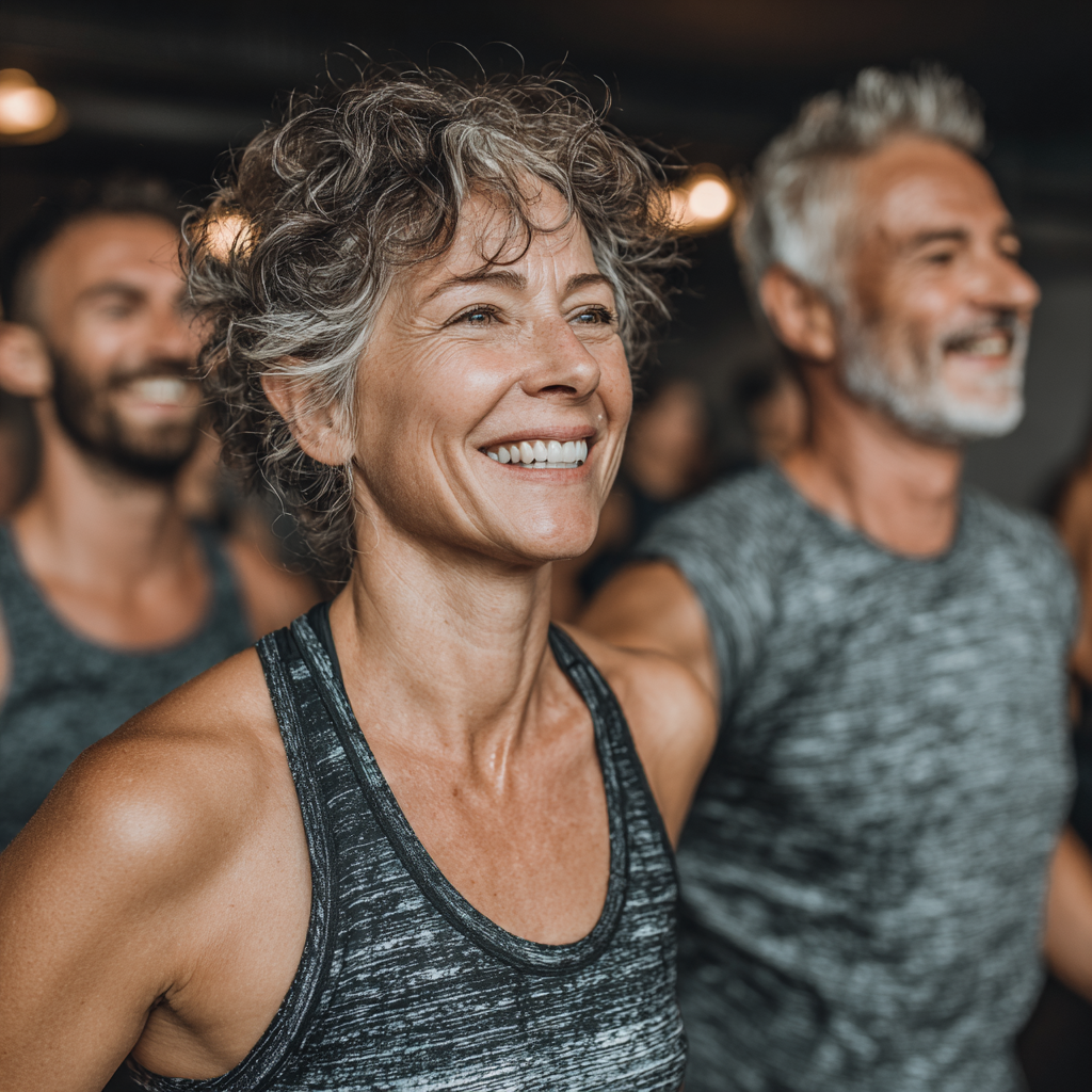 A group of three people, two men and one woman, all between 45-55, are engaged in a dynamic but controlled group fitness class, demonstrating coordination and shared positive energy.