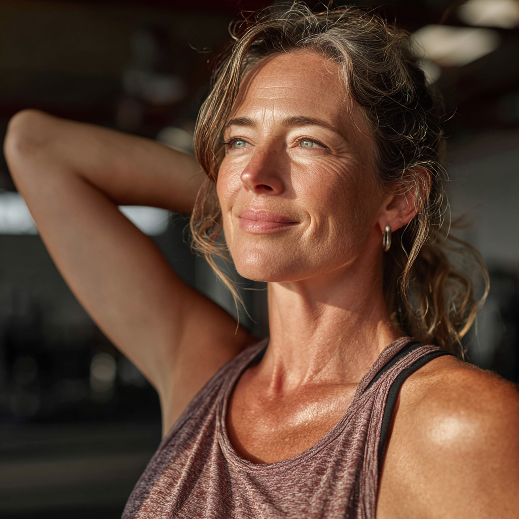 A woman in her late 40s is doing light stretches in a bright, modern gym, smiling gently, signifying grace and ease.